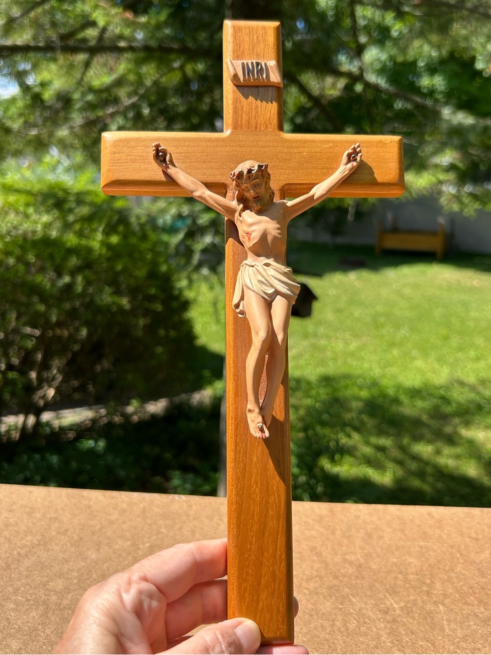 Wooden Crucifix Wall Cross INRI Carved Christ Natural Brown Religious 12x6